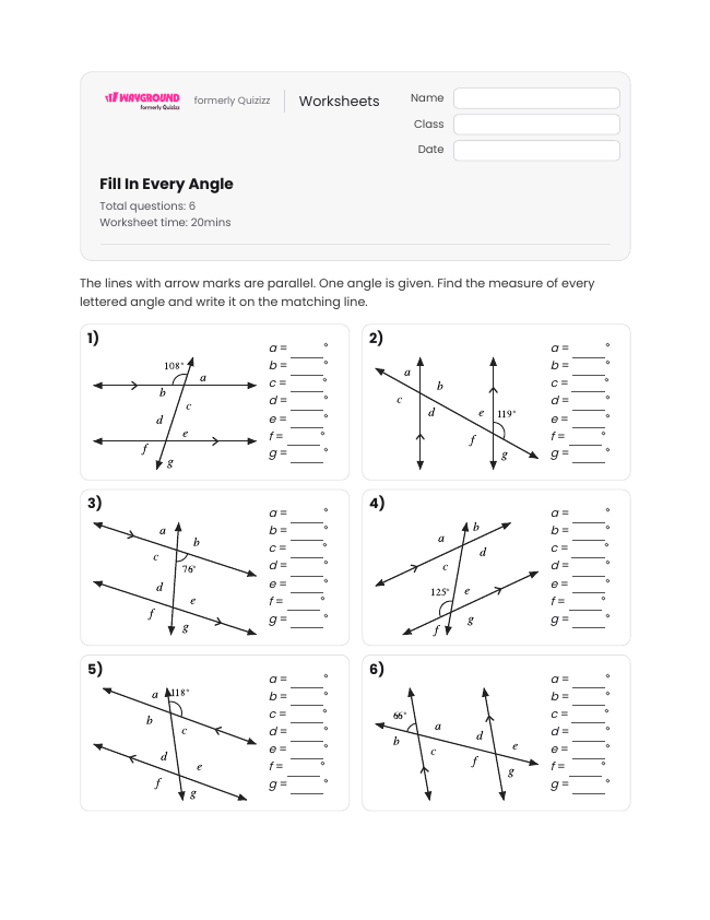Fill In Every Angle - Printable Transversal-of-parallel-lines Worksheets Class 7 - Wayground