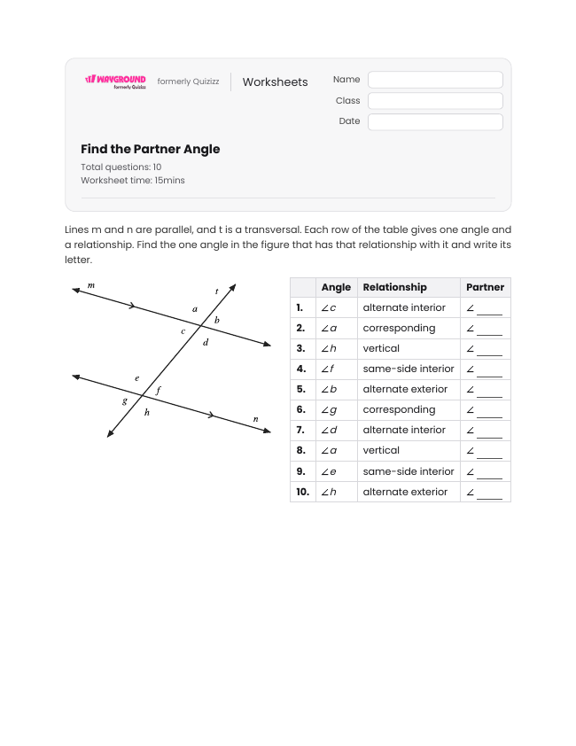 Find the Partner Angle - Printable Transversal-of-parallel-lines Worksheets Class 7 - Wayground