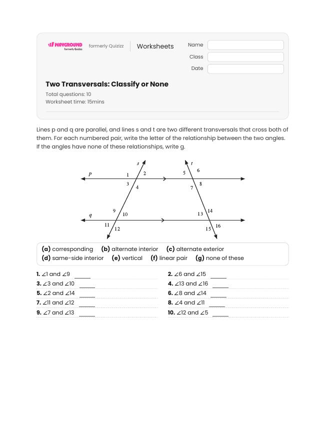 Two Transversals: Classify or None - Printable Transversal-of-parallel-lines Worksheets Class 7 - Wayground