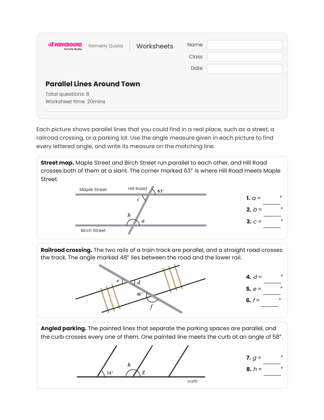 Parallel Lines Around Town - Printable Transversal-of-parallel-lines Worksheets Class 7 - Wayground