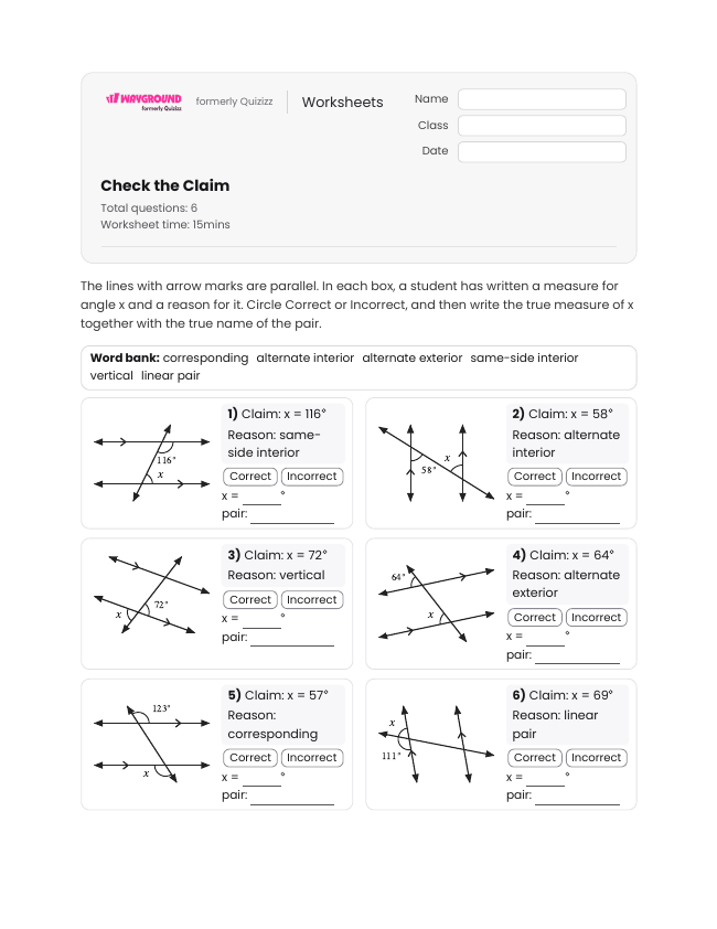 Check the Claim - Printable Transversal-of-parallel-lines Worksheets Class 7 - Wayground