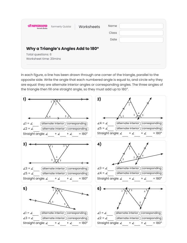 Why a Triangle’s Angles Add to 180° - Imprimível Transversal-de-retas-paralelas Fichas-de-trabalho Série 8 - Wayground