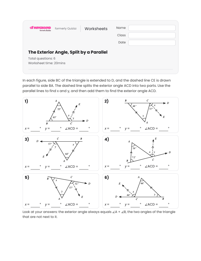 The Exterior Angle, Split by a Parallel - Imprimível Transversal-de-retas-paralelas Fichas-de-trabalho Série 8 - Wayground