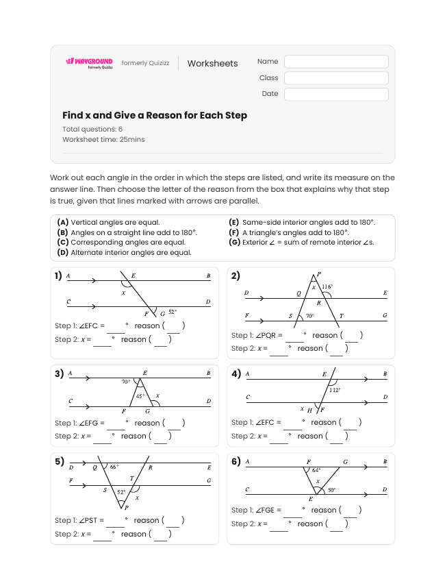 Find x and Give a Reason for Each Step - Imprimível Transversal-de-retas-paralelas Fichas-de-trabalho Série 8 - Wayground