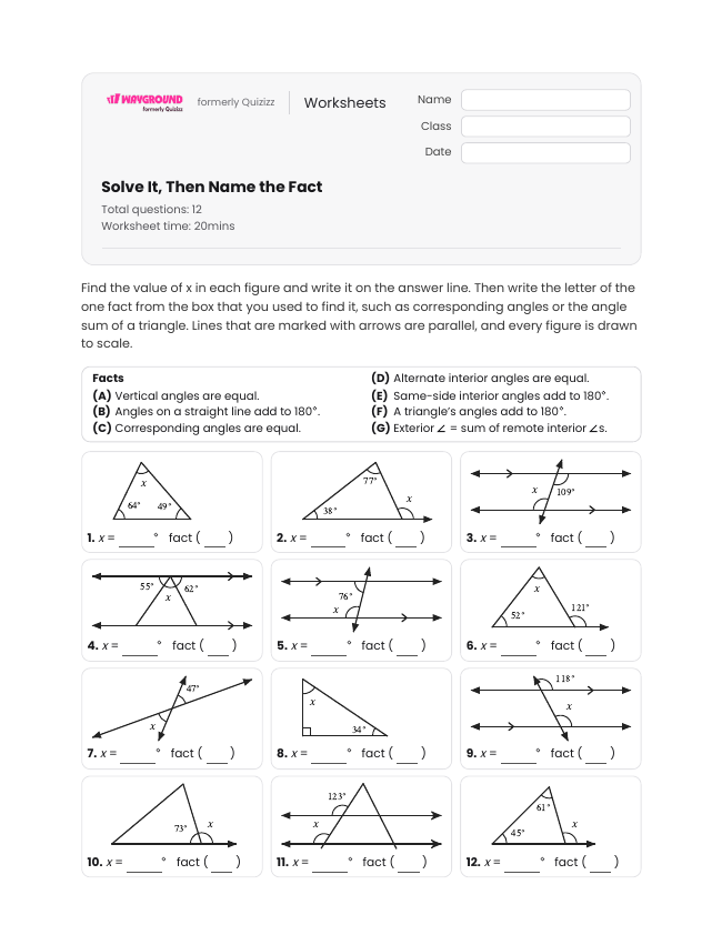 Solve It, Then Name the Fact - Imprimível Transversal-de-retas-paralelas Fichas-de-trabalho Série 8 - Wayground