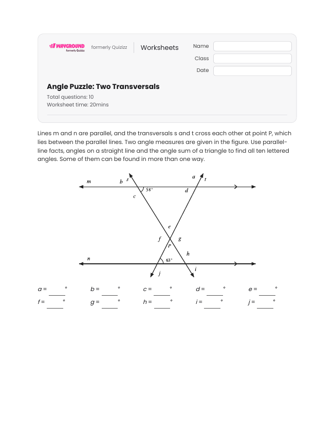 Angle Puzzle: Two Transversals - Imprimível Transversal-de-retas-paralelas Fichas-de-trabalho Série 8 - Wayground