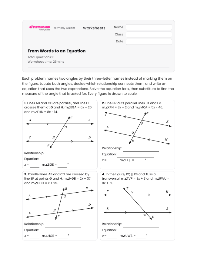 From Words to an Equation - Printable Transversal-of-parallel-lines Worksheets Class 9 - Wayground