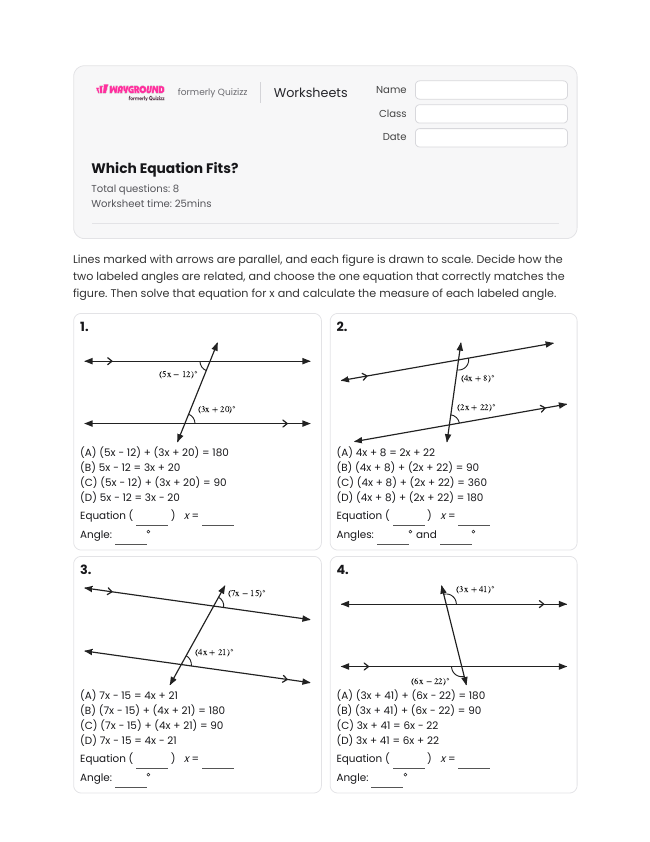 Which Equation Fits? - Printable Transversal-of-parallel-lines Worksheets Class 9 - Wayground
