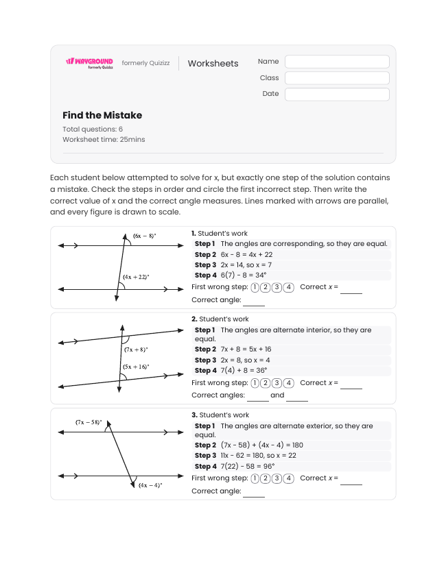 Find the Mistake - Printable Transversal-of-parallel-lines Worksheets Class 9 - Wayground