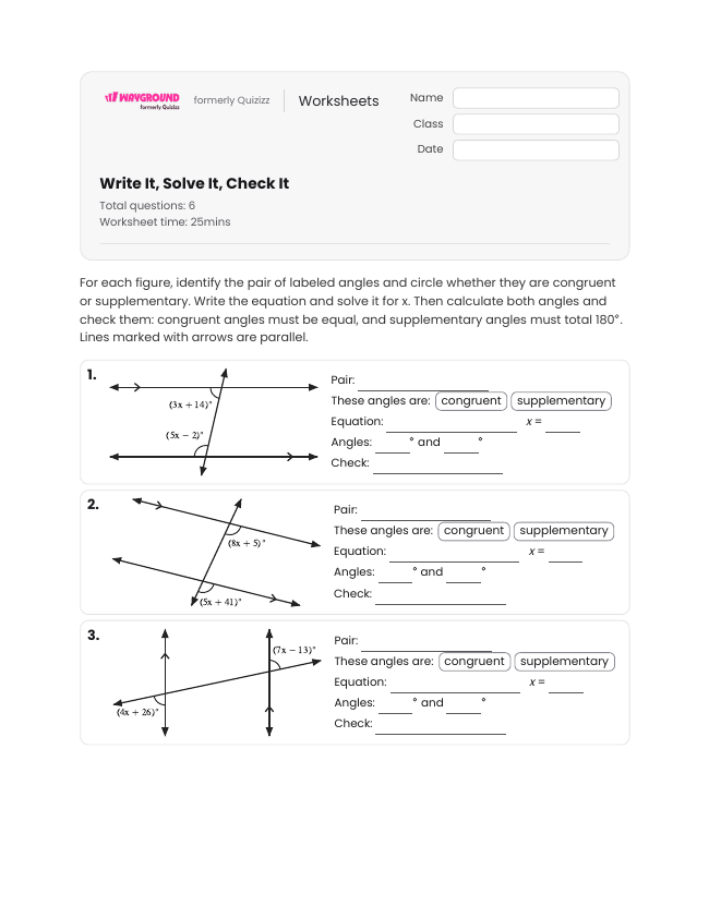 Write It, Solve It, Check It - Printable Transversal-of-parallel-lines Worksheets Class 9 - Wayground