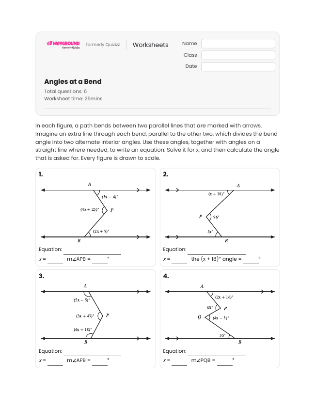 Angles at a Bend - Printable Transversal-of-parallel-lines Worksheets Class 9 - Wayground