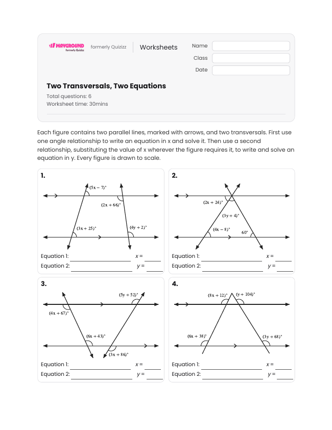 Two Transversals, Two Equations - Printable Transversal-of-parallel-lines Worksheets Class 9 - Wayground