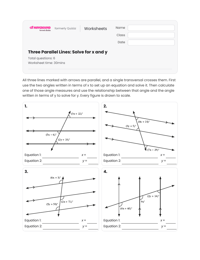Three Parallel Lines: Solve for x and y - Printable Transversal-of-parallel-lines Worksheets Class 9 - Wayground