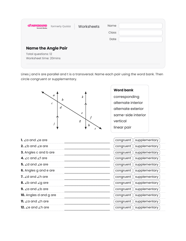Name the Angle Pair - Printable Transversal-of-parallel-lines Worksheets - Wayground