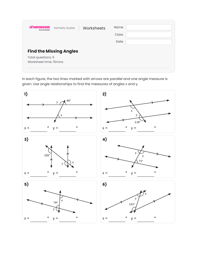 Find the Missing Angles - Printable Transversal-of-parallel-lines Worksheets - Wayground