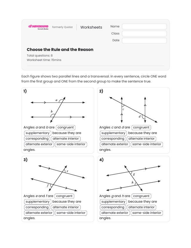 Choose the Rule and the Reason - Printable Transversal-of-parallel-lines Worksheets - Wayground