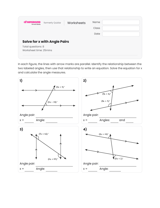 Solve for x with Angle Pairs - Printable Transversal-of-parallel-lines Worksheets - Wayground