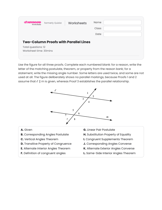 Two-Column Proofs with Parallel Lines - Printable Transversal-of-parallel-lines Worksheets - Wayground