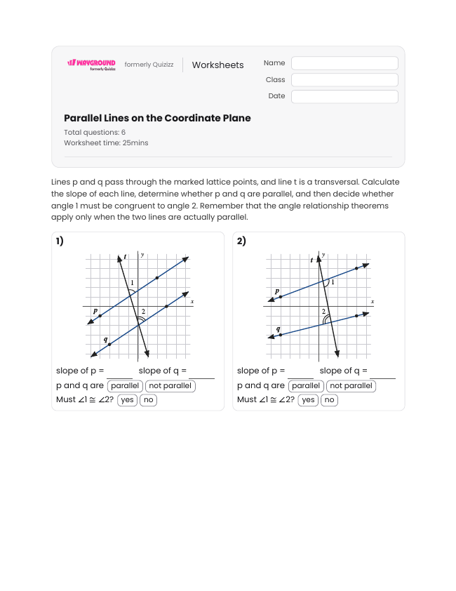 Parallel Lines on the Coordinate Plane - Printable Transversal-of-parallel-lines Worksheets - Wayground