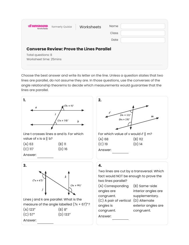 Converse Review: Prove the Lines Parallel - Printable Transversal-of-parallel-lines Worksheets - Wayground
