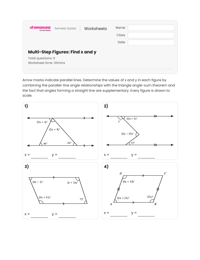 Multi-Step Figures: Find x and y - Printable Transversal-of-parallel-lines Worksheets - Wayground