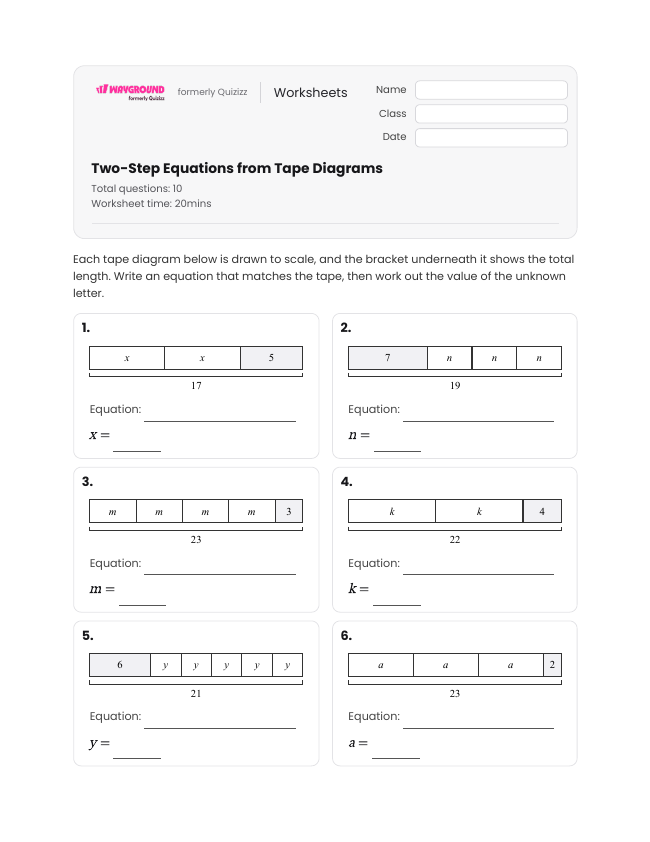 Two-Step Equations from Tape Diagrams - Imprimível Equações-de-dois-passos Fichas-de-trabalho - Wayground