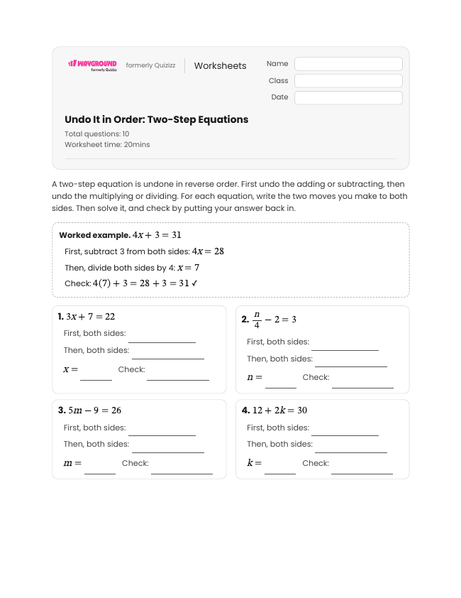 Undo It in Order: Two-Step Equations - Imprimível Equações-de-dois-passos Fichas-de-trabalho - Wayground