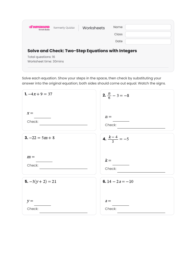 Solve and Check: Two-Step Equations with Integers - Imprimível Equações-de-dois-passos Fichas-de-trabalho - Wayground