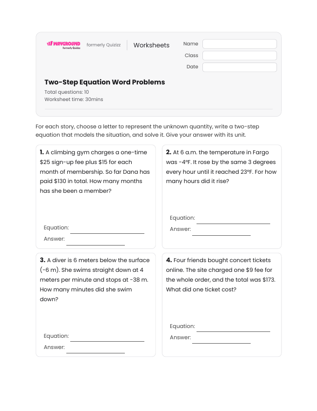 Two-Step Equation Word Problems - Imprimível Equações-de-dois-passos Fichas-de-trabalho - Wayground
