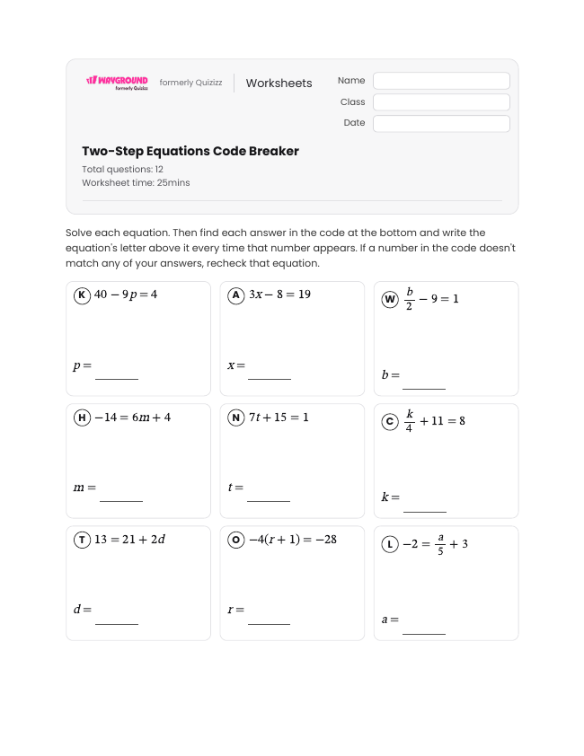 Two-Step Equations Code Breaker - Imprimível Equações-de-dois-passos Fichas-de-trabalho - Wayground