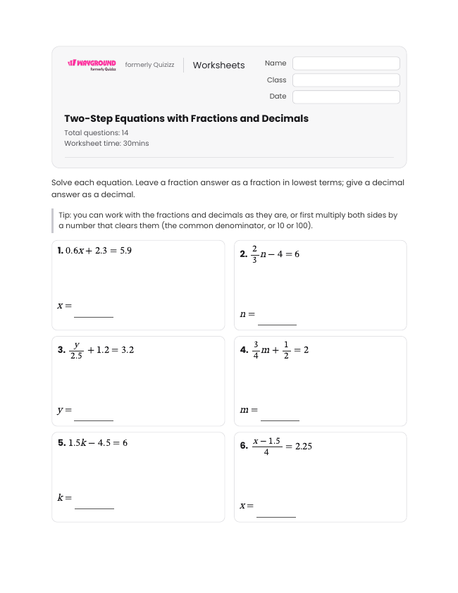 Two-Step Equations with Fractions and Decimals - Imprimível Equações-de-dois-passos Fichas-de-trabalho - Wayground