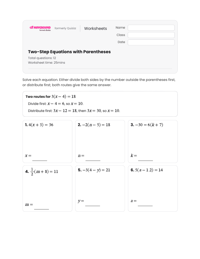 Two-Step Equations with Parentheses - Imprimível Equações-de-dois-passos Fichas-de-trabalho - Wayground
