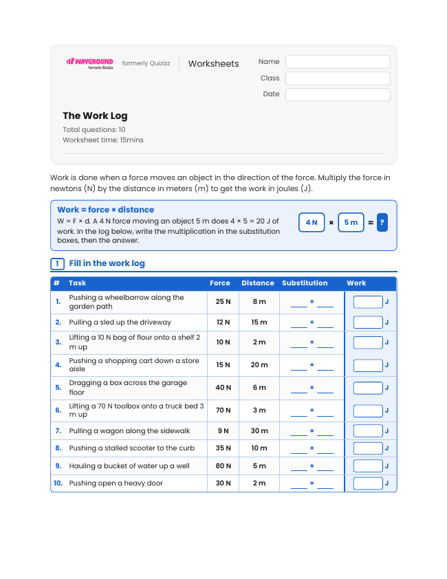 The Work Log - Imprimible Trabajo-y-energía Hojas-de-trabajo Grado 7 - Wayground