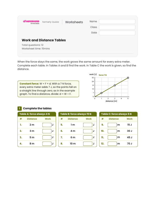 Work and Distance Tables - Imprimible Trabajo-y-energía Hojas-de-trabajo Grado 7 - Wayground
