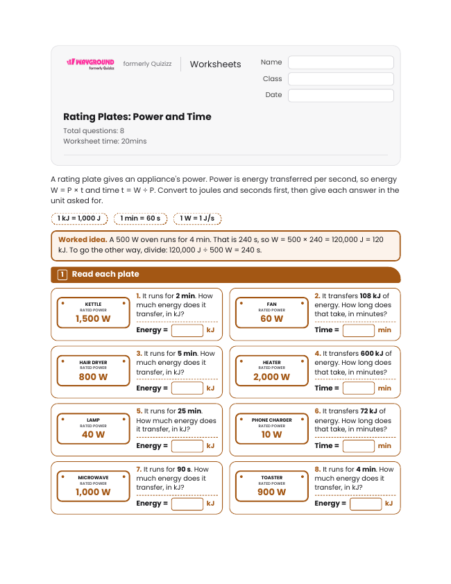 Rating Plates: Power and Time - Imprimible Trabajo-y-energía Hojas-de-trabajo Grado 8 - Wayground
