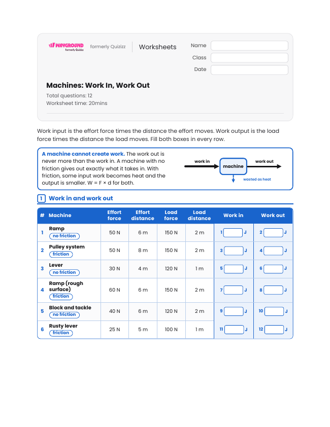 Machines: Work In, Work Out - Imprimible Trabajo-y-energía Hojas-de-trabajo Grado 8 - Wayground
