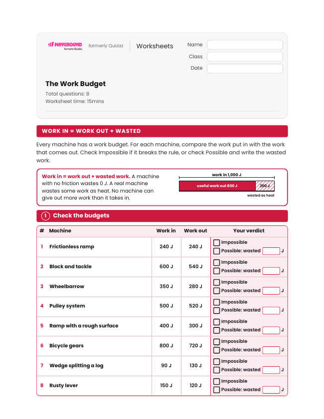 The Work Budget - Imprimible Trabajo-y-energía Hojas-de-trabajo Grado 8 - Wayground