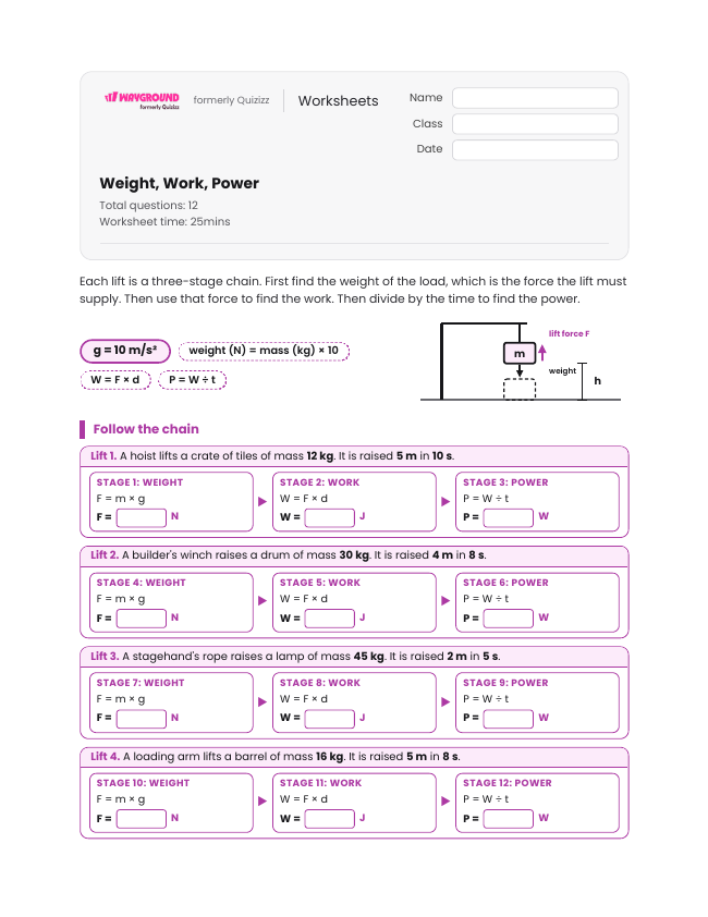 Weight, Work, Power - Imprimible Trabajo-y-energía Hojas-de-trabajo Grado 8 - Wayground