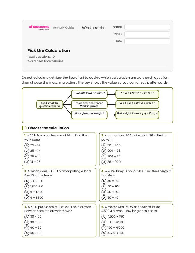Pick the Calculation - Imprimible Trabajo-y-energía Hojas-de-trabajo Grado 8 - Wayground