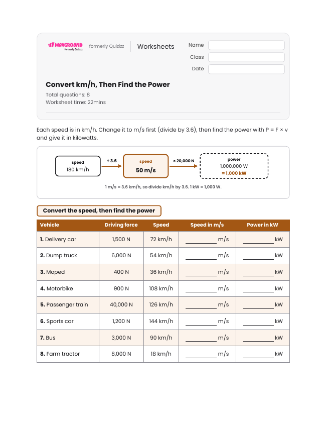 Convert km/h, Then Find the Power - Imprimible Trabajo-y-poder Hojas-de-trabajo Grado 11 - Wayground