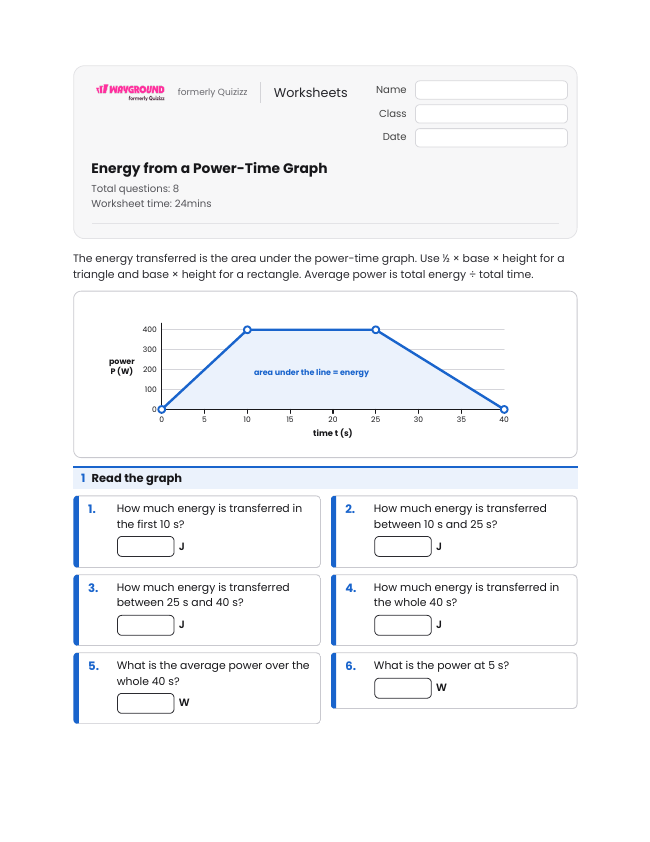 Energy from a Power-Time Graph - Imprimible Trabajo-y-poder Hojas-de-trabajo Grado 12 - Wayground
