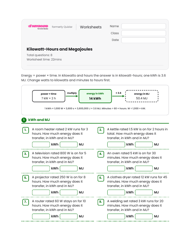 Kilowatt-Hours and Megajoules - Imprimible Trabajo-y-poder Hojas-de-trabajo Grado 12 - Wayground