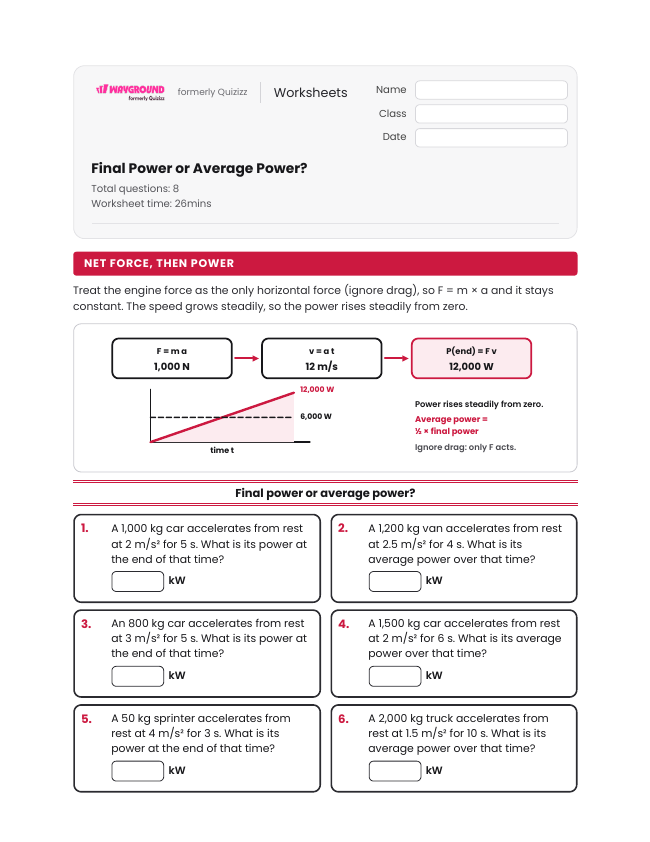 Final Power or Average Power? - Imprimible Trabajo-y-poder Hojas-de-trabajo Grado 12 - Wayground