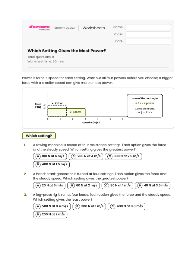 Which Setting Gives the Most Power? - Imprimible Trabajo-y-poder Hojas-de-trabajo Grado 12 - Wayground