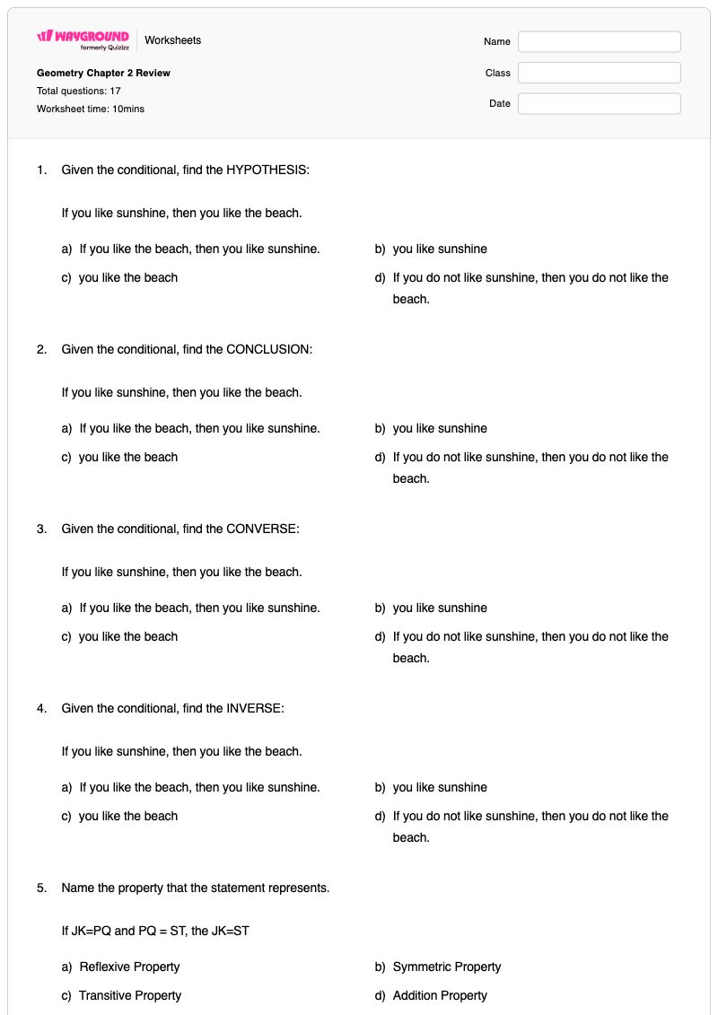 Geometry Chapter 2 Review - Printable Logic-and-reasoning-puzzles Worksheets Grade 10 - Wayground