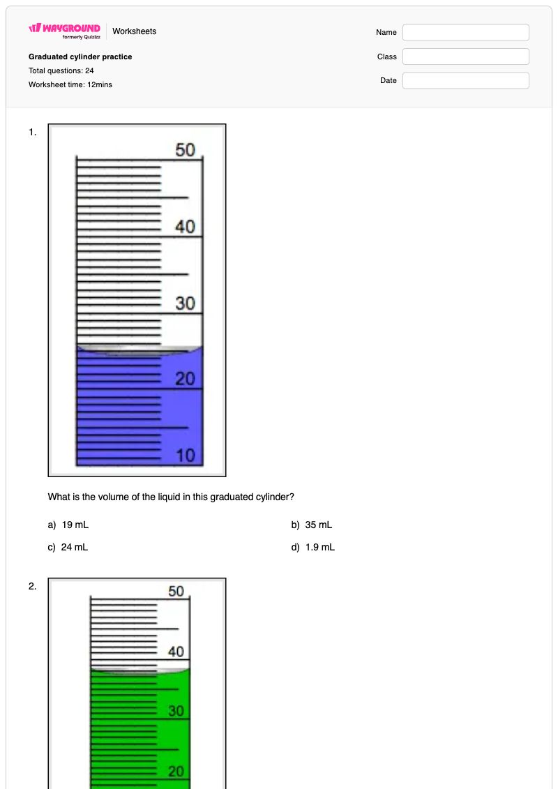 Graduated cylinder practice - พิมพ์ได้ กระบอกสูบแบบมีขีดบอกระดับ เวิร์กชีท ระดับ 6 - Wayground