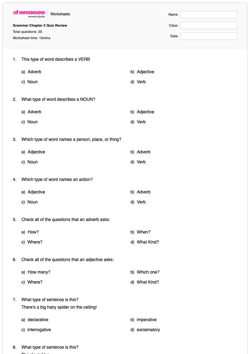 Grammar Chapter 2 Quiz  Review - พิมพ์ได้ Parts-of-a-sentence เวิร์กชีท ระดับ 3 - Wayground