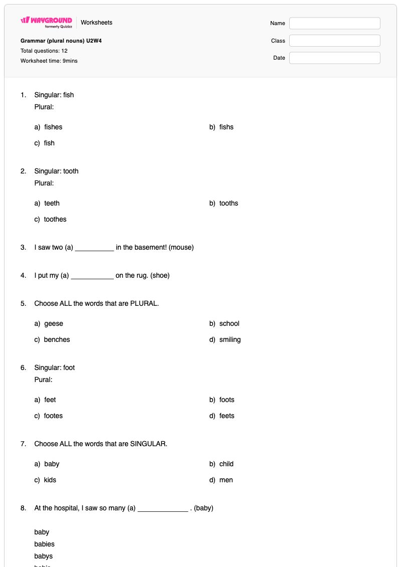 Grammar (plural nouns) U2W4 - Printable Plural-possessives Worksheets Grade 2 - Wayground