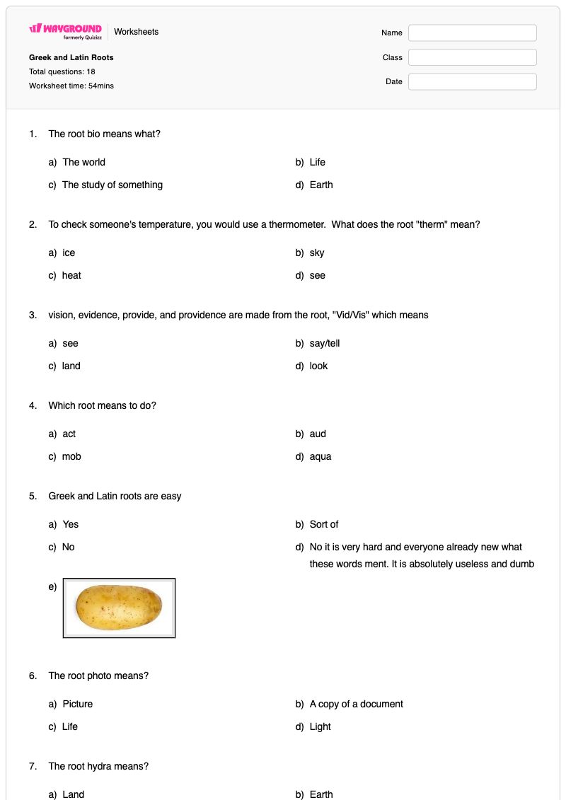 Greek and Latin Roots - Printable Determining-meaning-using-roots-prefixes-and-suffixes Worksheets Class 7 - Wayground