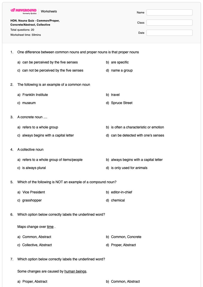 HON. Nouns Quiz - Common/Proper, Concrete/Abstract, Collective - พิมพ์ได้ แผนที่คำศัพท์ เวิร์กชีท ระดับ 8 - Wayground